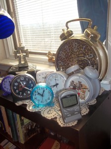 I have frequently said that one of my goals in life is to be able to set up a section of a room that looks like the opening scene from the first Back To the Future movie. As you can see, I’m making progress towards that goal. Here is my clock collection, minus a couple. As you can probably see, I haven’t kept up with keeping them set accurately.